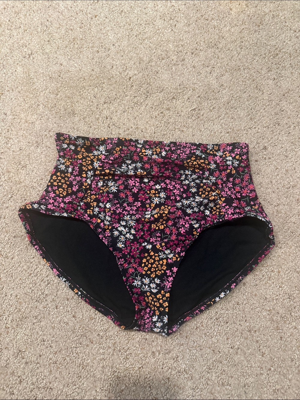 NWT High-Waist Floral Bikini Bottoms - Black Base with Pink & Orange Flowers - M